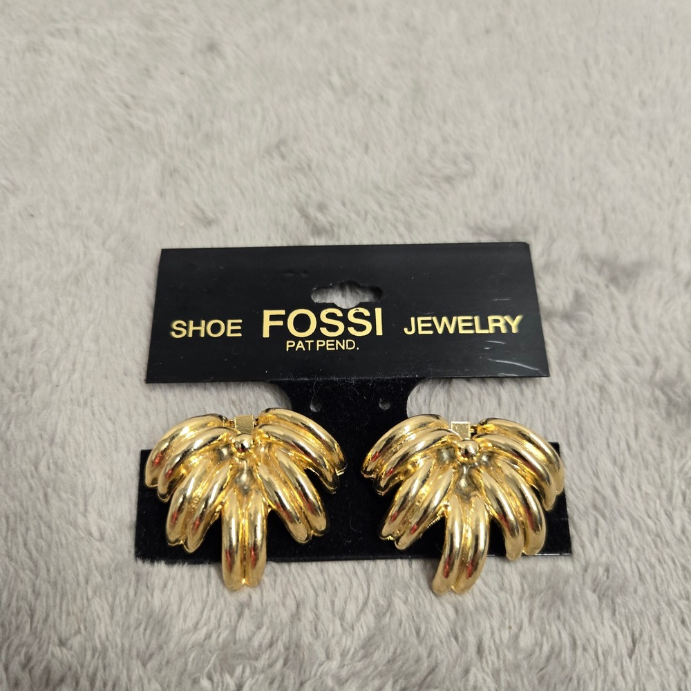 Vintage Fossi Shoe Jewelry Clips Gold Tone Ribbed Fan Palm Leaf Deadstock NEW